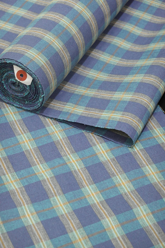 【臼井織布】伊勢木綿 綿麻 越格子 青藤色