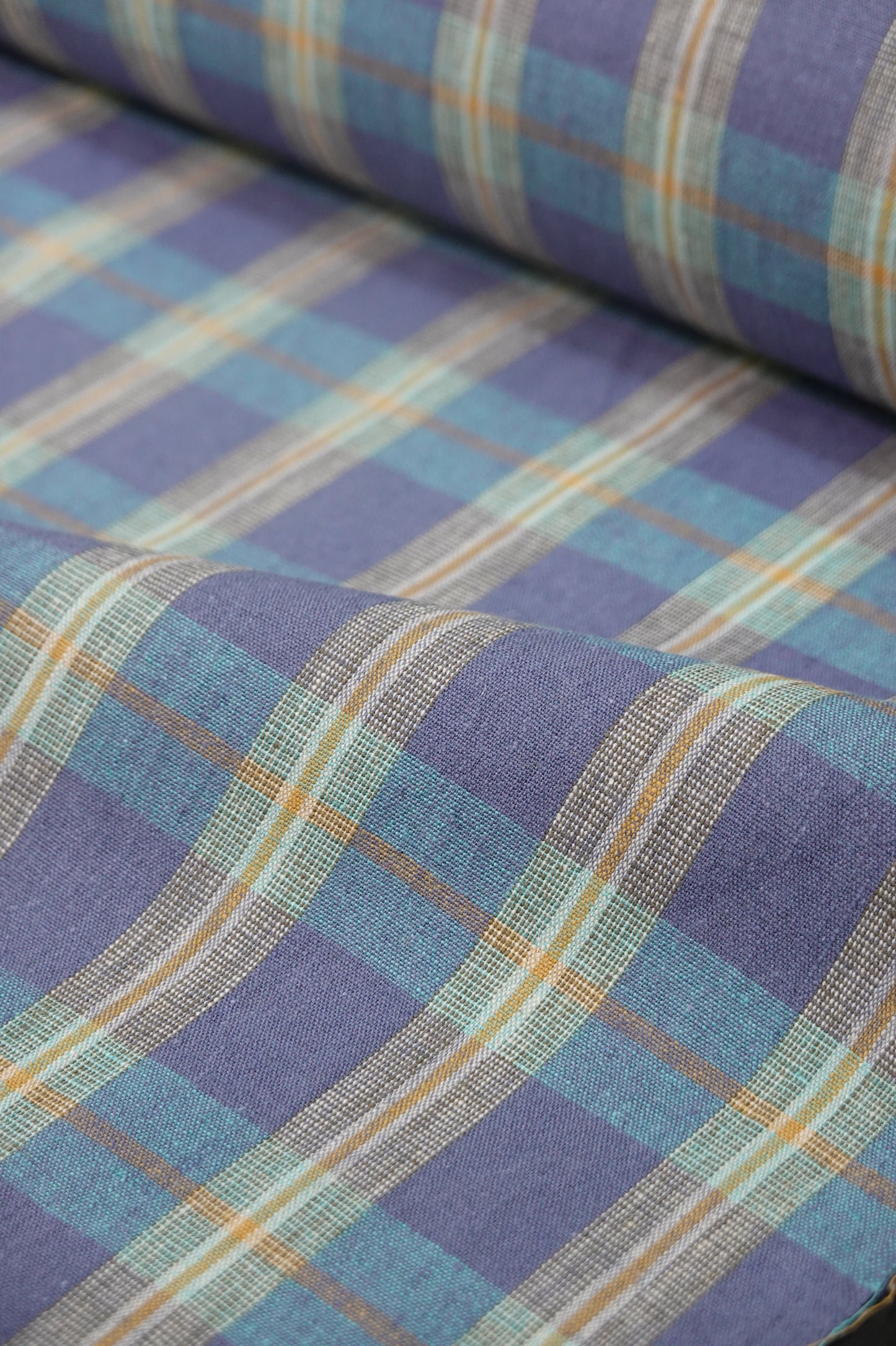 【臼井織布】伊勢木綿 綿麻 越格子 青藤色