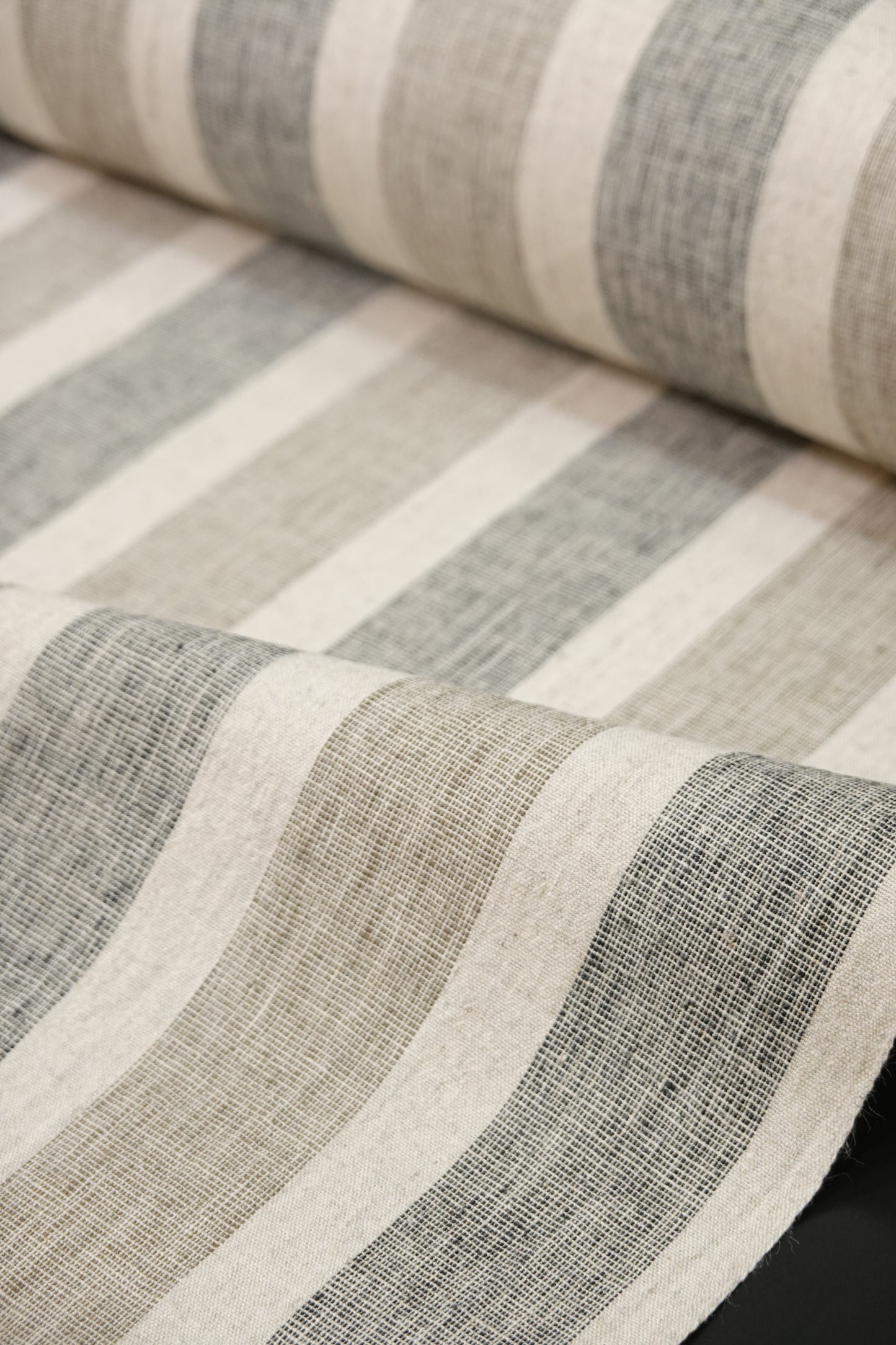 【臼井織布】伊勢綿麻 棒縞 生成りに鼠