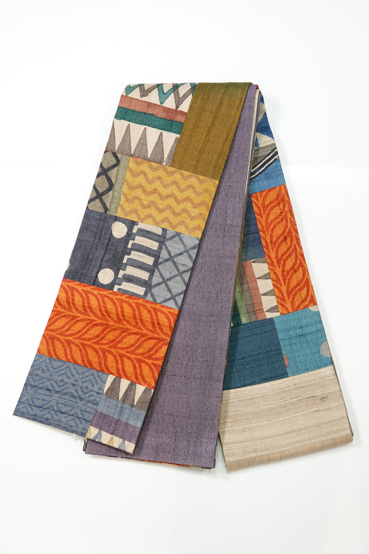 ≪4/27迄 ギャラリー凛 展 ≫ 半幅帯 パッチワーク 木版更紗 幾何学  (お仕立上がり品）