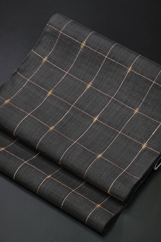 【本場結城紬】九寸名古屋帯 格子【地機 手織り】※お仕立代込み価格